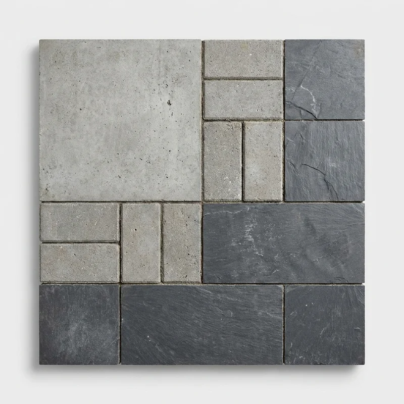 Beton, straatstenen, leisteen